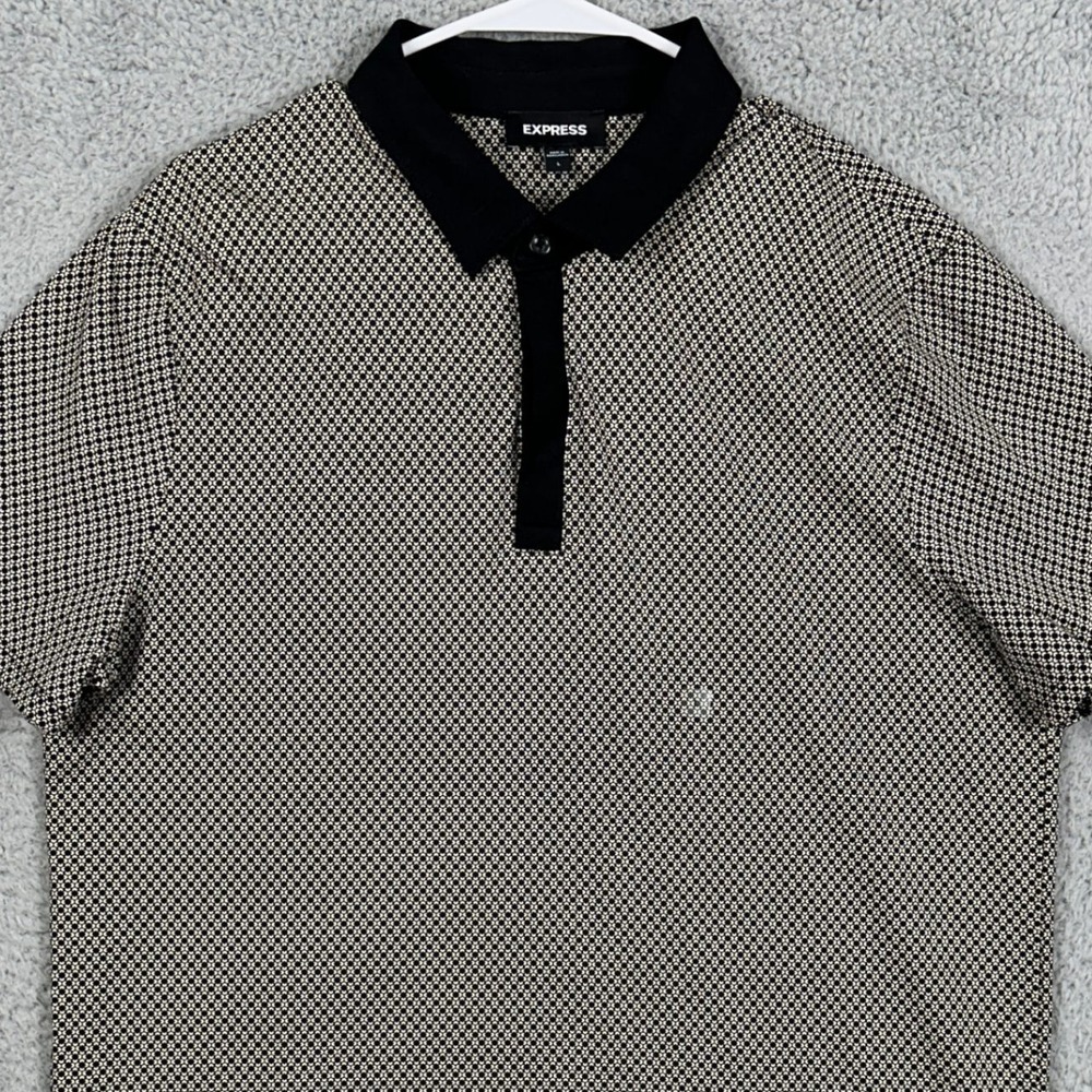 Express Shirt Polo Mens Large Black Tan Geometric Short Sleeve Stretch Rugby NEW